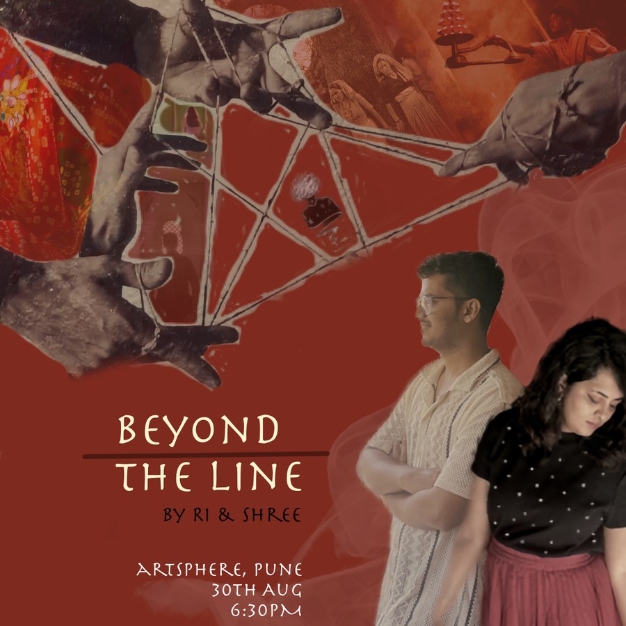Beyond the Line — a concert by Ri & Shree. Hands holding a cat's cradle of string over a deep red collage.